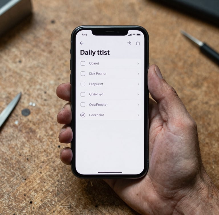 A top-down macro shot of a weathered hand holding a clean Android smartphone on a wooden workshop bench, displaying a high-contrast, minimalist daily checklist interface.