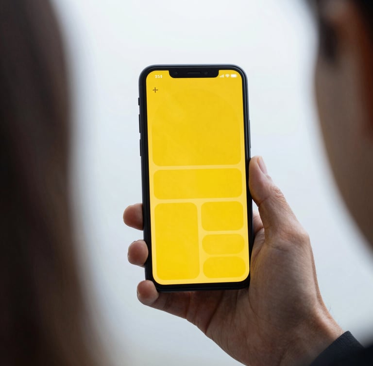 Over-the-shoulder shot of a hand holding an Android phone showing a high-contrast minimalist interface with large yellow buttons, bright overcast daylight.