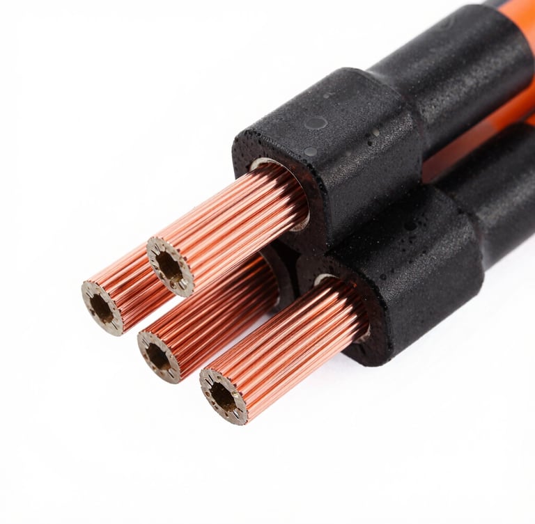 Crisp industrial product photography of multi-core control cables and VFD cables showing copper shielding, technical cross-section details, high contrast black and orange tones, sharp macro details, 50mm lens