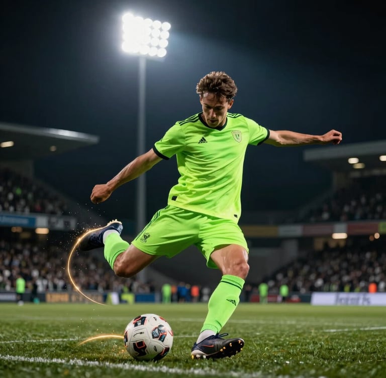 Dynamic football action shot, player striking ball under neon green stadium floodlights, glowing gold light trails, high contrast dark background.