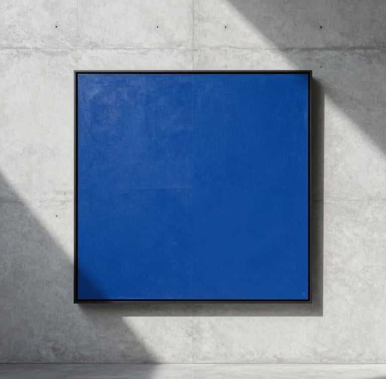Front-facing architectural elevation of a concrete gallery wall with a large minimalist abstract blue painting, soft even daylight casting subtle textures, sharp 90-degree framing.