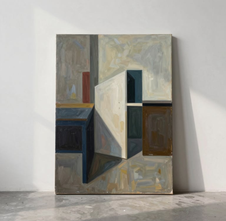 High-fidelity straight-on documentation of a contemporary painting leaning against a white studio wall, soft indirect north-facing daylight.
