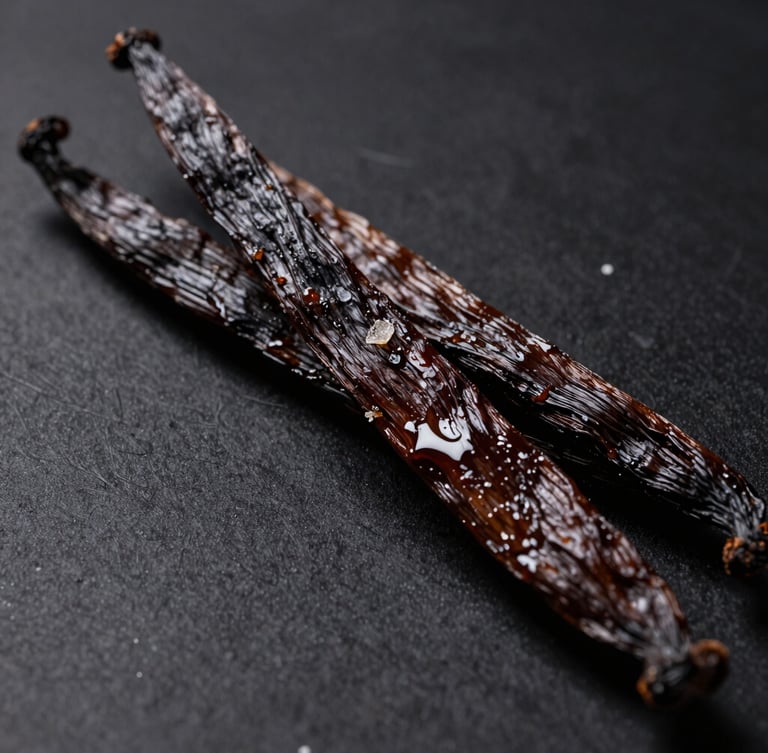 Macro close-up of dark, plump, oily cured vanilla pods with visible crystalline vanillin frost on a clean black surface, dramatic side lighting highlighting the rich texture.