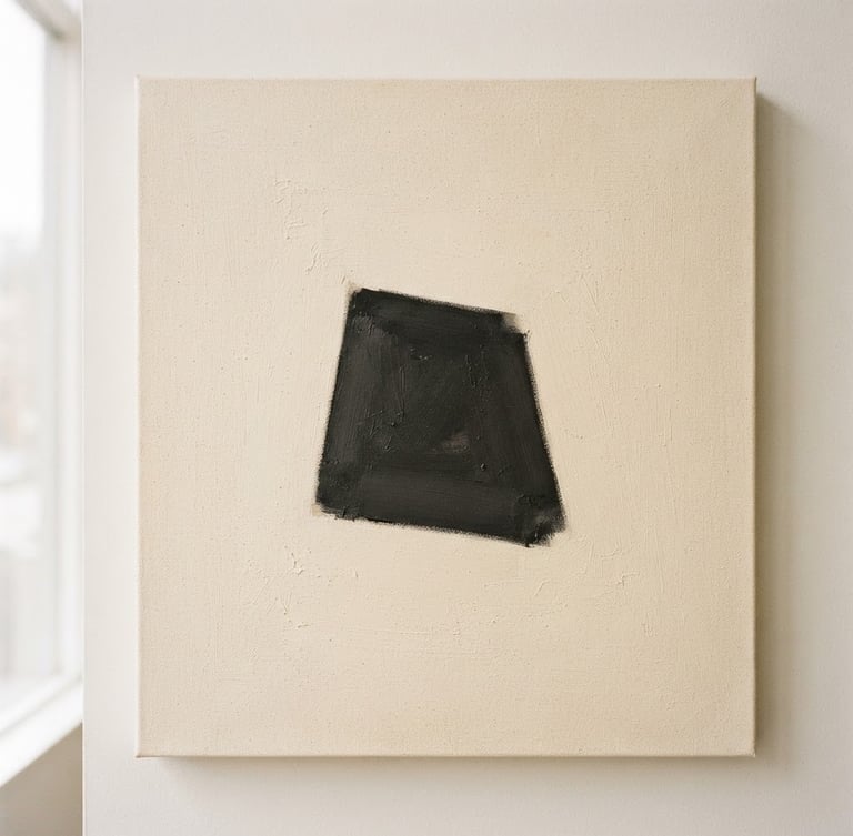 Straight-on fine art photography of a minimalist oil painting on textured canvas, a single charcoal geometric form on a warm ivory background, soft diffused window light