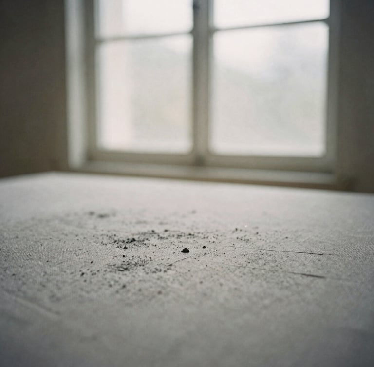 Macro close-up of charcoal pigment layered on textured raw canvas, soft north-facing window light, long shadows, quiet minimalist composition