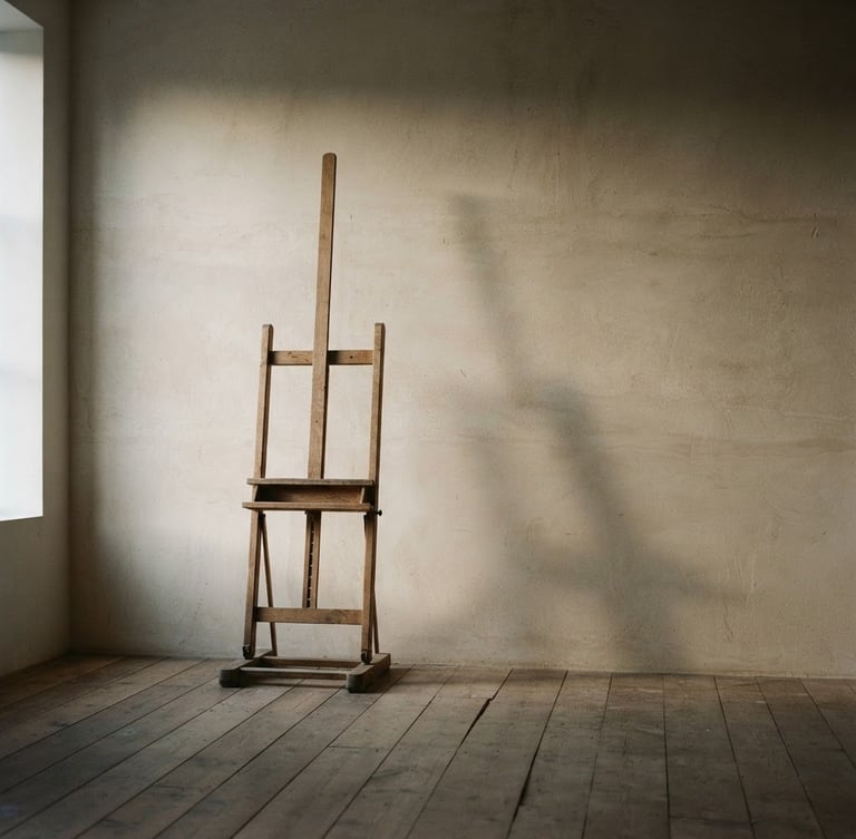 Extreme minimalist composition of Soren Vance's studio at dusk, a single empty wooden easel casting a long soft shadow on a warm limestone wall, diffused evening light from a high north-facing window, medium format film.