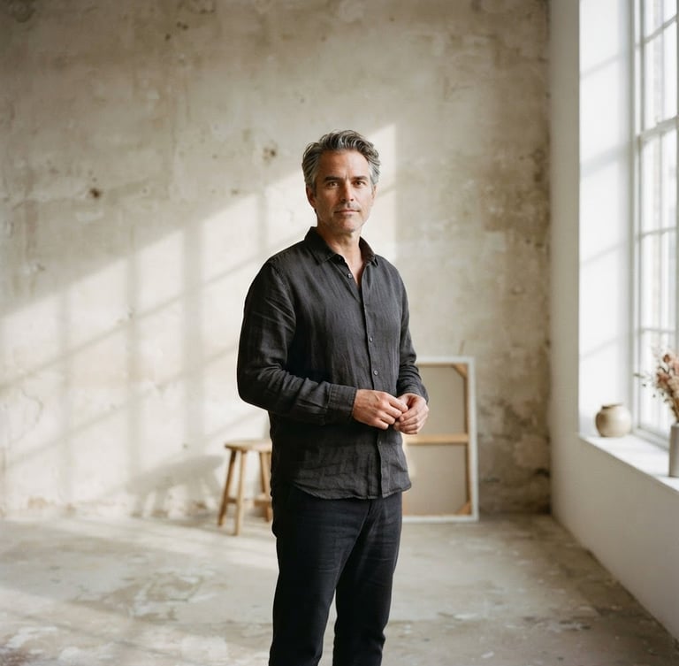 A quiet, straight-on medium format film photograph of Soren Vance in a sunlit studio, soft north-facing window light casting long shadows across an empty limestone wall, muted neutral tones, minimalist aesthetic.