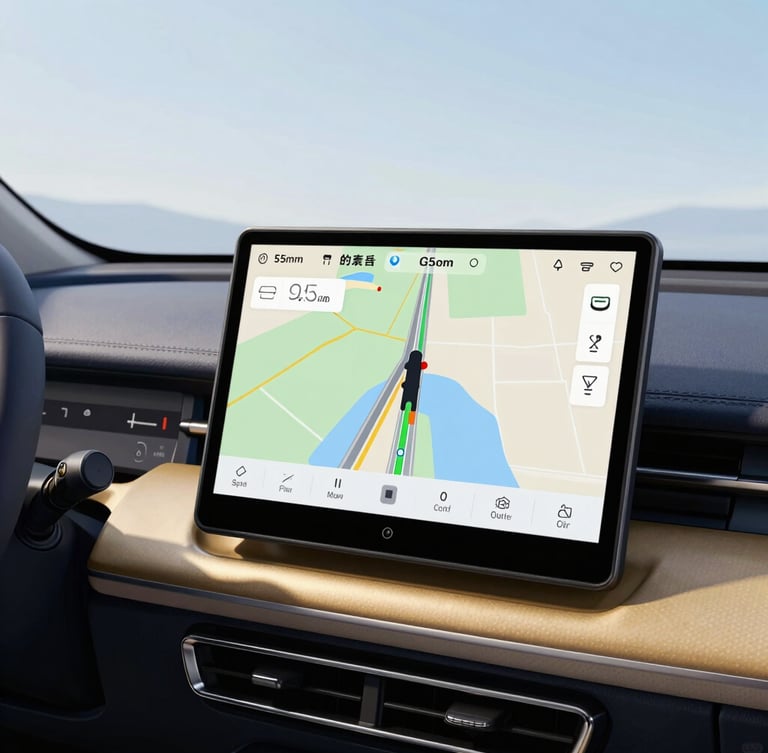 Close-up of a modern vehicle dashboard showing a secure GPS navigation unit and clean safety controls, bright morning daylight, professional editorial, 35mm