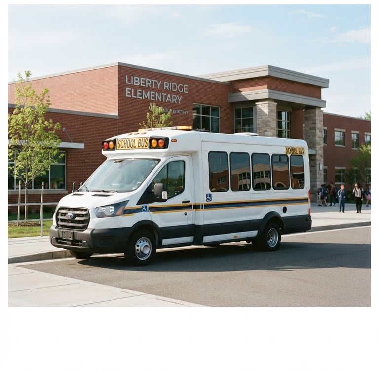 A clean, modern white transit vehicle parked in front of a school building in bright morning daylight, professional safety markings visible, 35mm editorial photography.