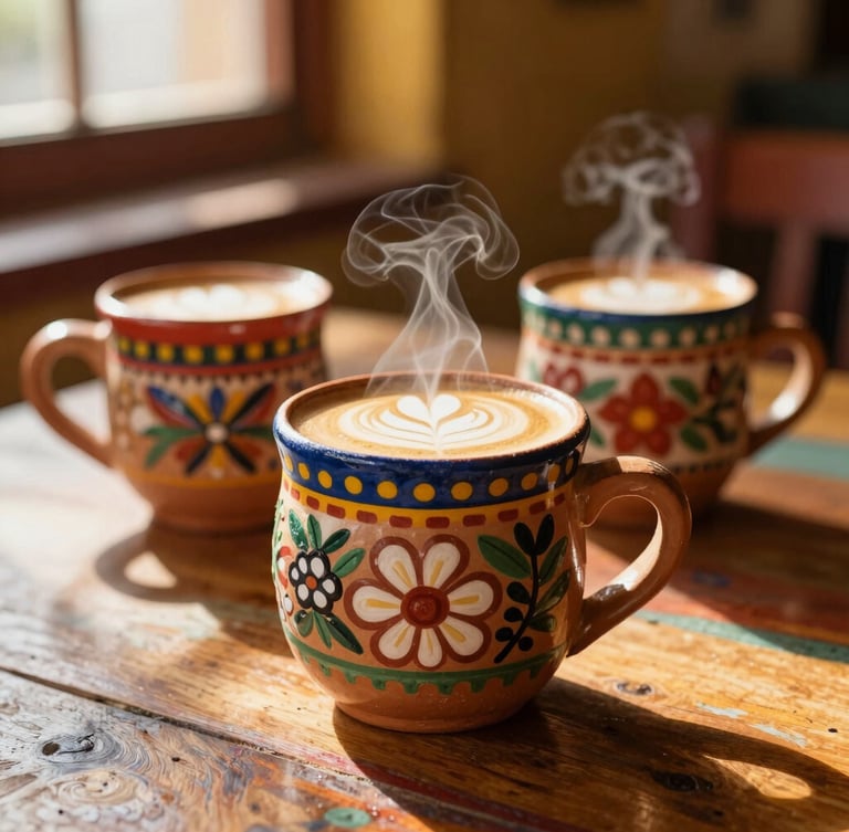 Medium close-up of hand-painted Mexican clay mugs filled with steaming latte art on a colorful wooden table, warm golden-hour sunlight streaming through a window, shallow depth of field