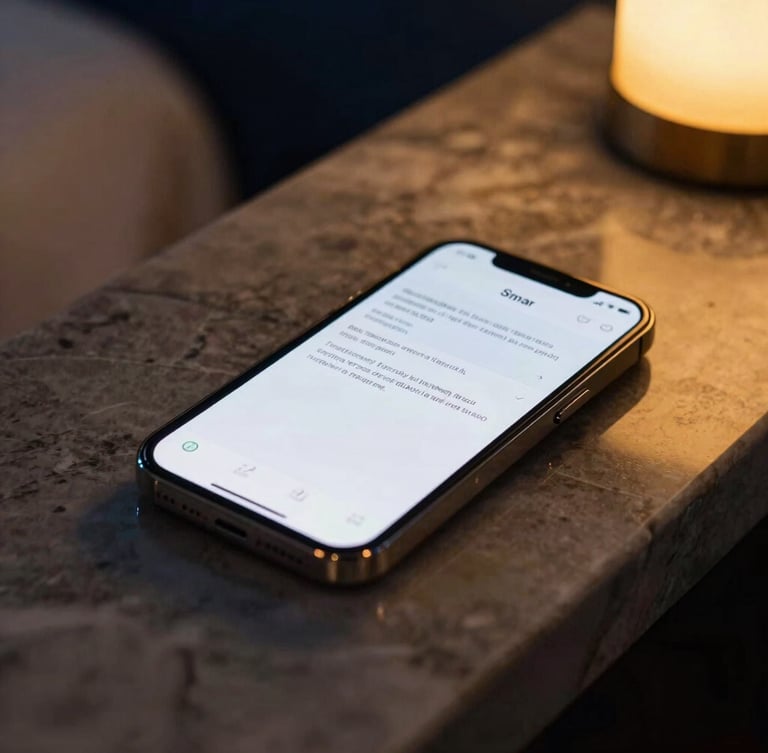 A close-up of a smartphone resting on a marble countertop in a premium spa, displaying a clean text notification with a warm golden-hour highlight.