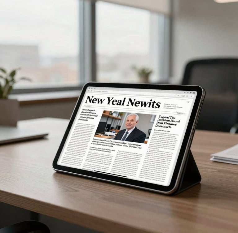 An elegant editorial portrait of a modern newsroom desk, a high-end digital tablet displaying a major news article, soft morning light streaming through large windows, 35mm photography.