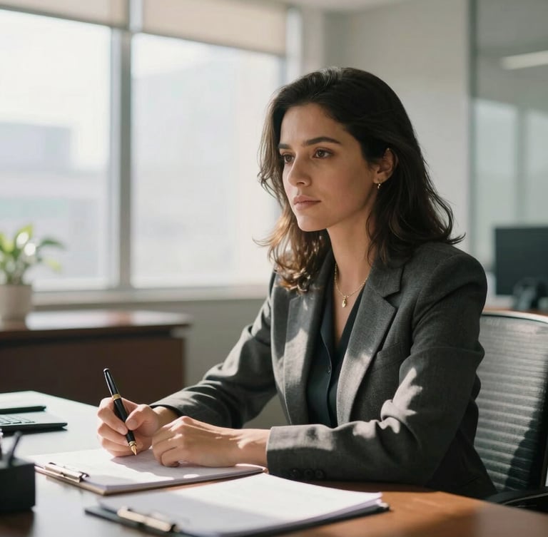 Editorial portrait of a Brazilian journalist in a sunlit modern newsroom, soft side-shadows, holding a fountain pen, elegant corporate setting, shallow depth of field, 35mm