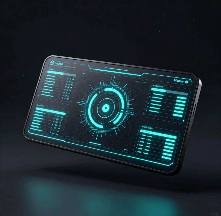 Sleek 3D dashboard mockup floating in dark space, glowing neon cyan data streams, futuristic tech aesthetic
