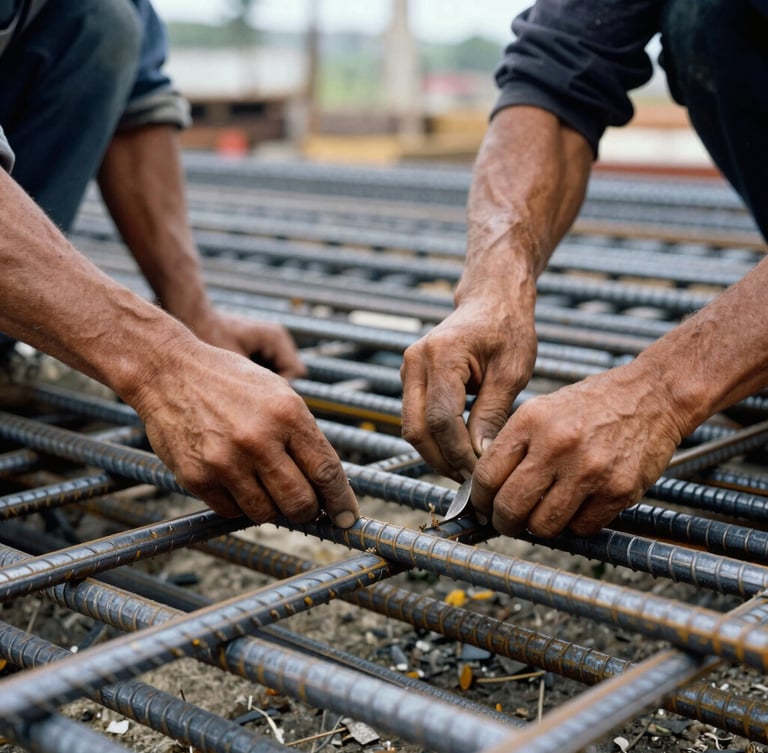 Close-up of workers' hands tying steel reinforcement bars on a construction site, natural overcast daylight, cool steel and warm amber tones, realistic documentary style, 35mm