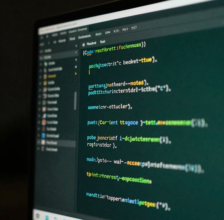 Macro close-up of a modern software interface on a vertical monitor, dramatic side-lighting with deep forest green hues, shallow depth of field, sharp focus on lines of code