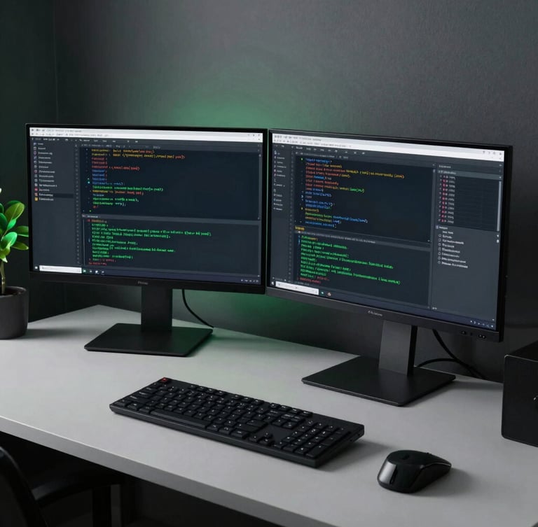 A professional developer's minimalist workspace, dual monitors displaying complex code and data visualizations, low-key moody lighting with green accents