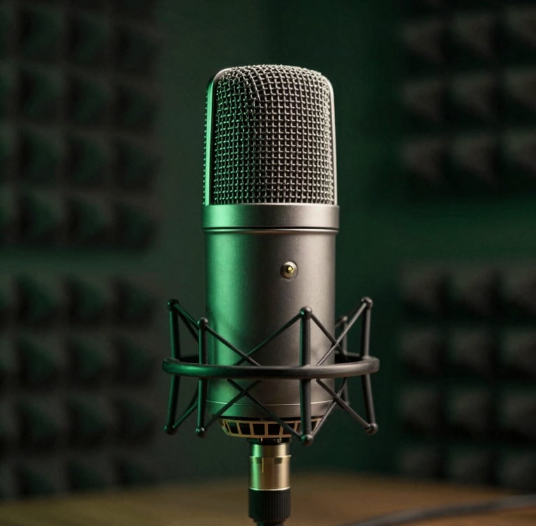 Tight macro shot of a high-end podcast microphone in a moody, dark-mode studio, deep forest green side-lighting, soft focus on soundproofing panels in background.