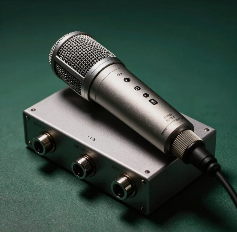 Tight macro shot of professional studio microphone and high-end audio interface, dramatic side-lighting, deep forest green shadows
