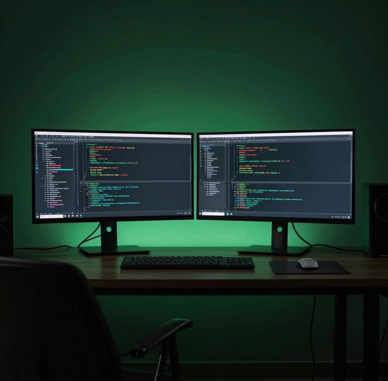 Cinematic wide shot of a minimalist workstation with dual monitors displaying code and data architecture, dramatic side-lighting in deep forest green, dark shadows.