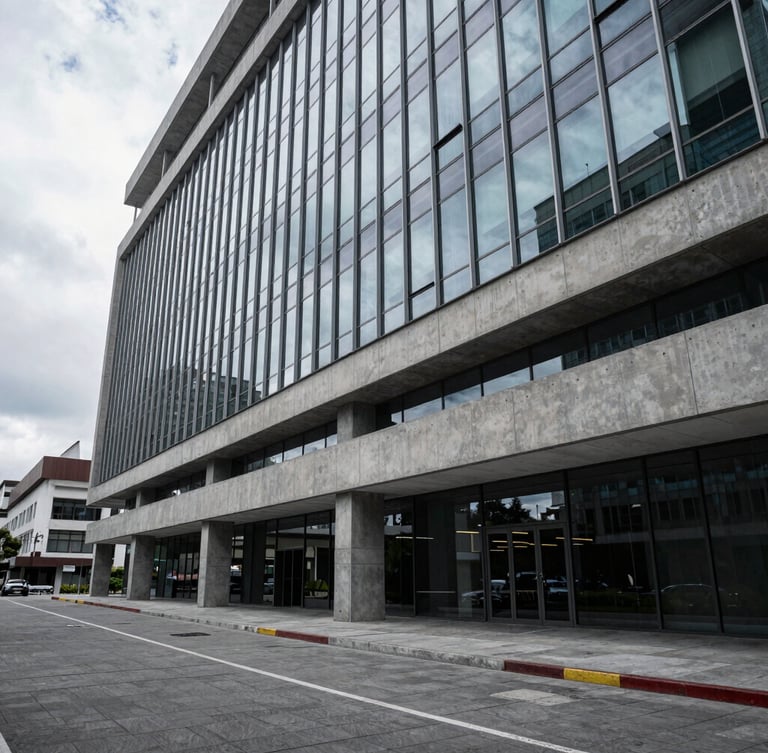 Wide architectural view of a modern corporate office in Quito, cool daylight reflecting on polished concrete and glass, structured and professional setting, generous negative space on the left.