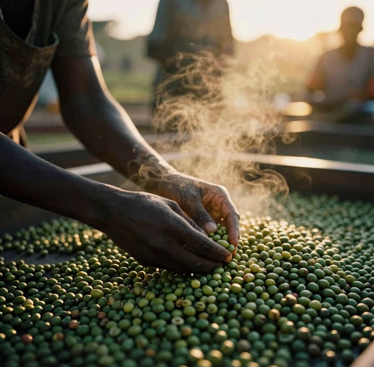 Hands sorting green coffee beans at a Kigoma washing station, warm golden-hour sunbeams cutting through steam, moody side-lighting, 35mm film