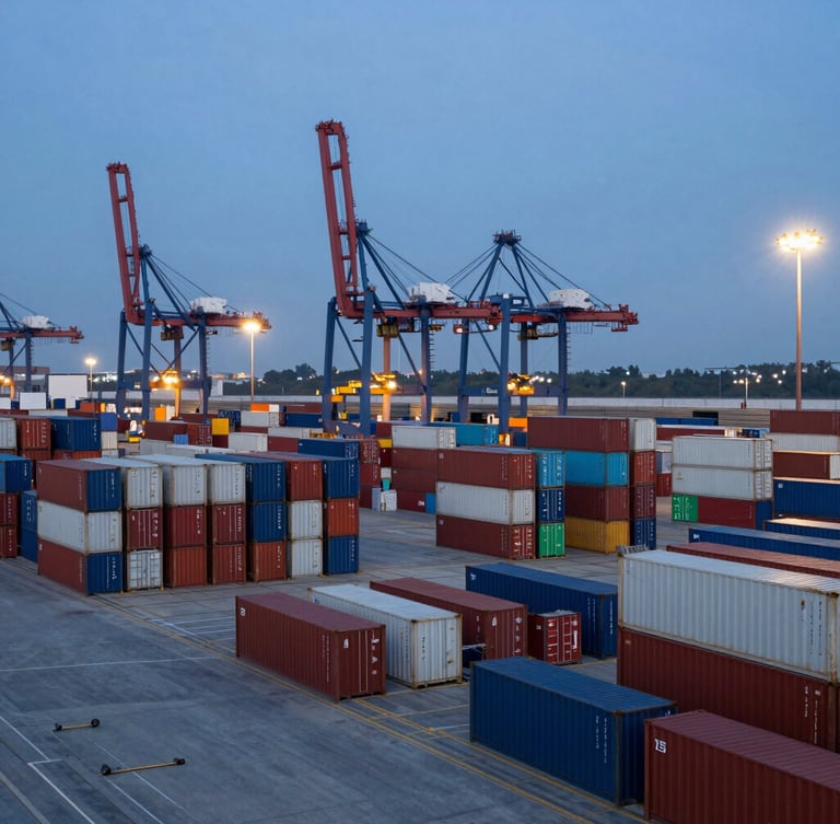 Wide-angle view of a clean, organized shipping port terminal at dusk, container stacks aligned precisely, container crane in background, cool industrial lighting, no people.