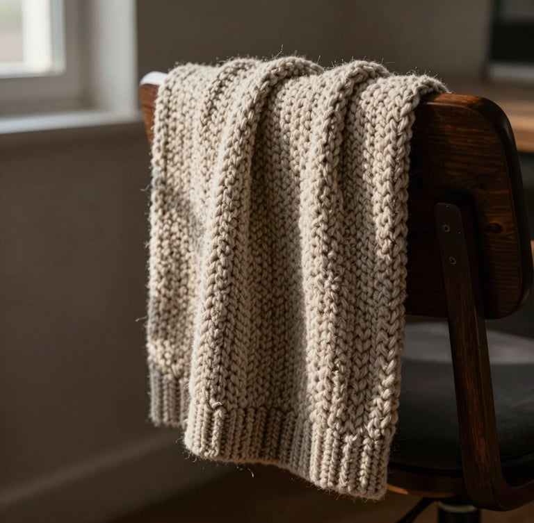 Macro shot of a heavy-gauge chunky knit oatmeal throw draped over a dark wooden office chair, strong directional side light, deep shadows, rich wool texture.