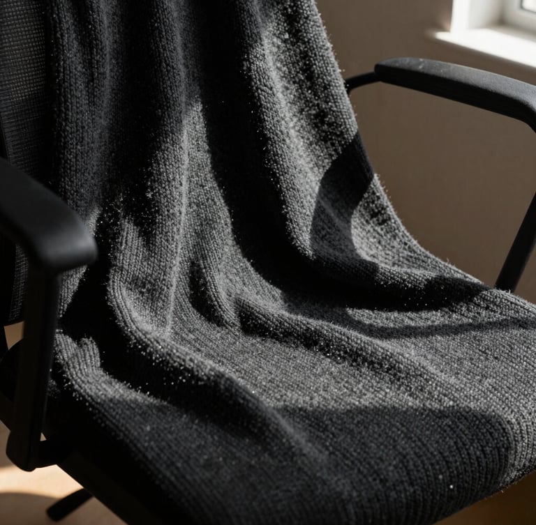 Extreme close-up of heavy-gauge charcoal knit fabric draped over an office chair, strong natural window light casting deep shadows, 50mm lens