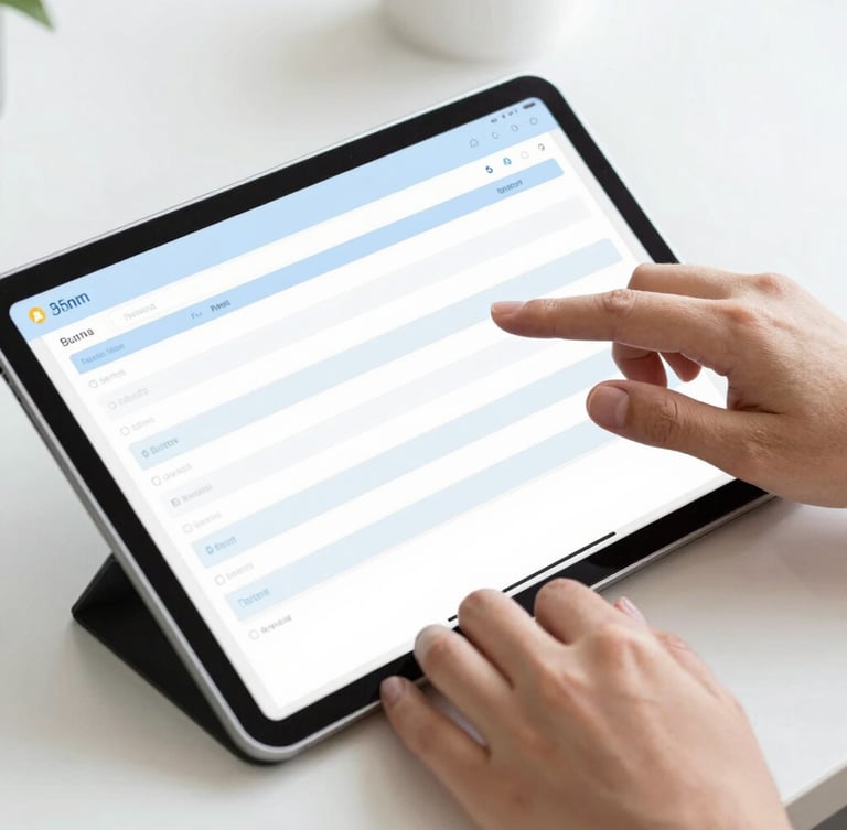 Close-up of hands typing on a modern tablet with a clean user interface showing a simplified budget spreadsheet, bright natural daylight, clean white desk, 35mm