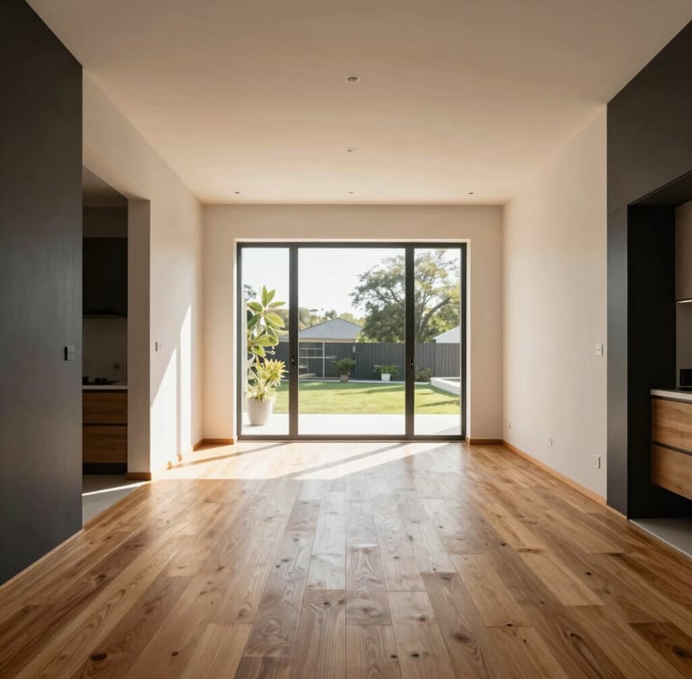 Straight-on architectural shot of a modern home interior with warm oak flooring, clean lines, and bright natural daylight streaming through a large window