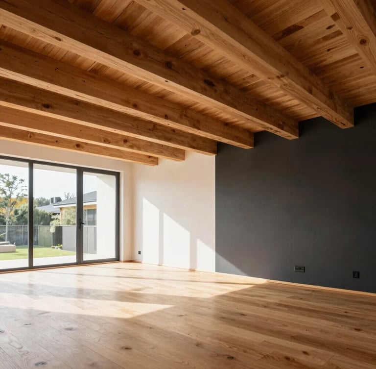 Architectural editorial photograph of a modern living room with exposed solid wood ceiling beams, bright natural daylight, warm oak floors, minimalist decor.