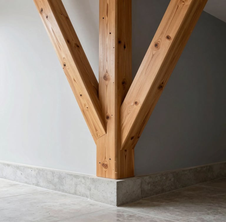 Straight-on architectural detail of a reinforced oak support joint meeting a clean concrete foundation, natural side lighting, sharp focus.
