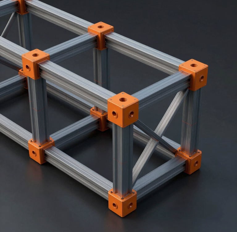 Technical orthographic perspective of a complex 3D CAD structural model, steel joints highlighted in technical orange, dark background, sharp lines.