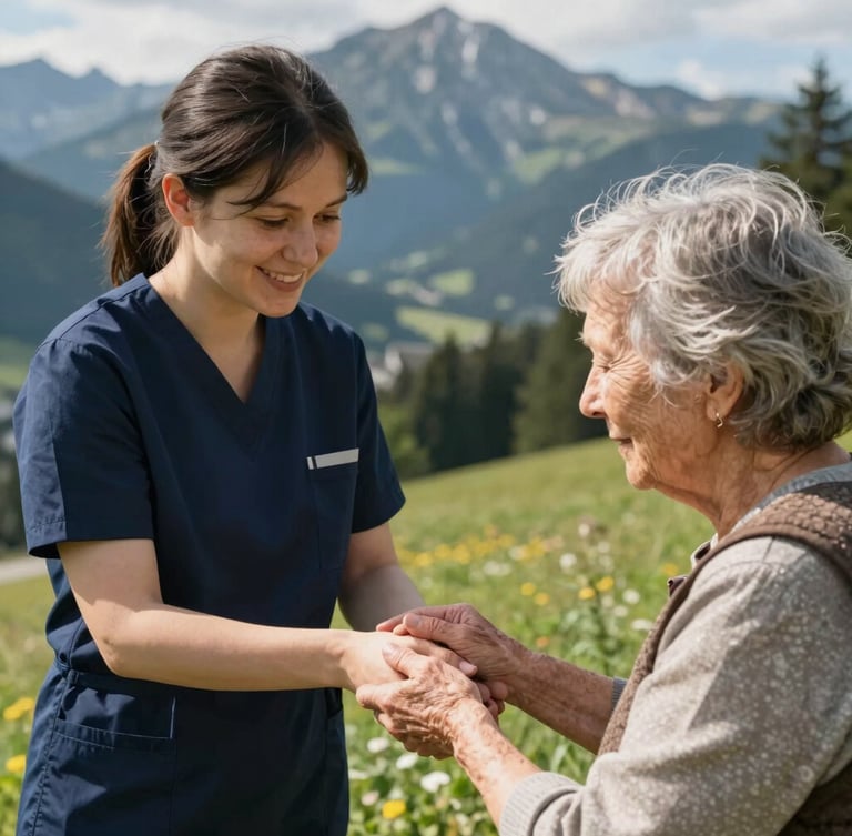 Nahaufnahme einer jungen Pflegerin im Allgäu, die lächelnd die Hand einer älteren Dame hält, natürliches alpines Tageslicht, authentische Interaktion.