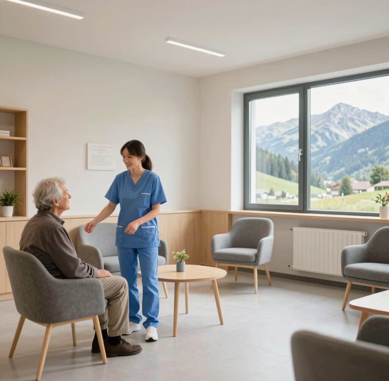 Wide panoramic 21:9 shot of a bright, modern care facility common room in the Allgäu, a friendly young caregiver interacting with an elderly resident on the left, soft alpine mountain view visible through the clean window on the right.