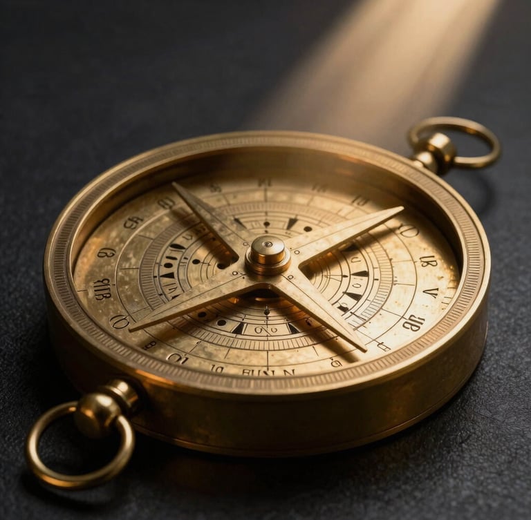 Macro photograph of a heavy brass astrolabe reflecting a single beam of golden light in a dark, shadow-filled room, revealing intricate mathematical engravings.