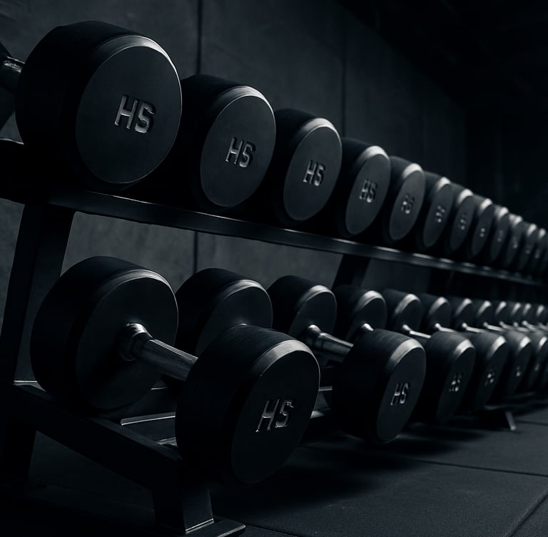 Low-angle dramatic shot of empty premium gym floor, featuring rows of high-end custom HS dumbbells on sleek steel racks, sharp focus, metallic textures, 50mm