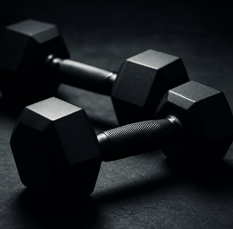 Close-up of pristine, matte-finished dumbbells showing precise branding, dramatic low-key industrial lighting with strong directional highlights on the metallic textures, sharp focus, 50mm