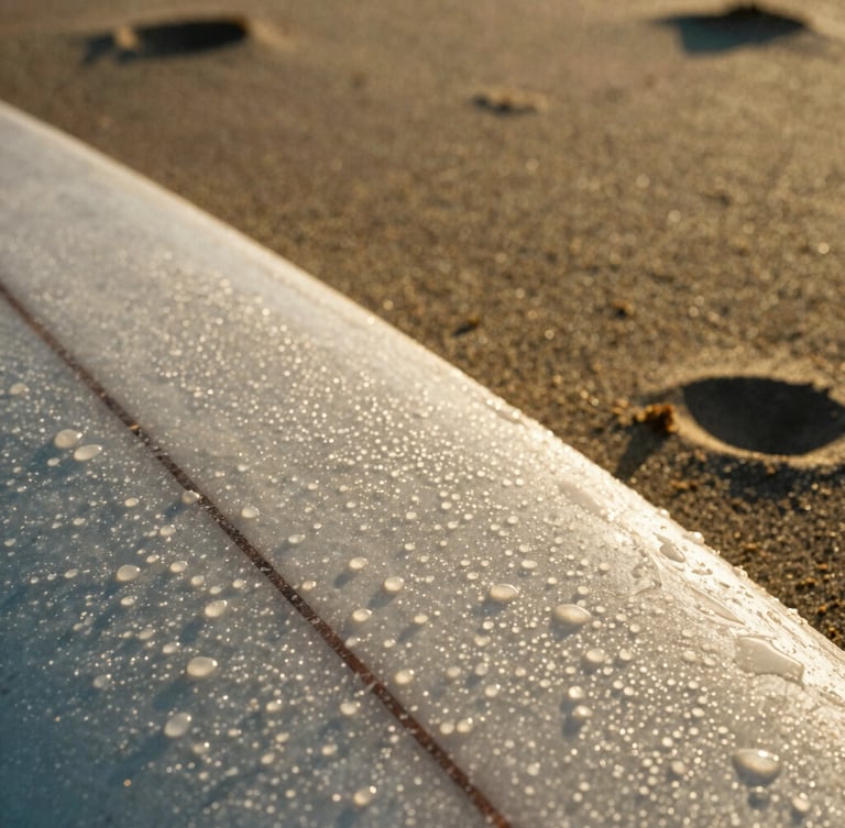 Close-up of a high-performance surf board rail with salt water droplets glistening under intense golden hour sun, high contrast sand in the background.