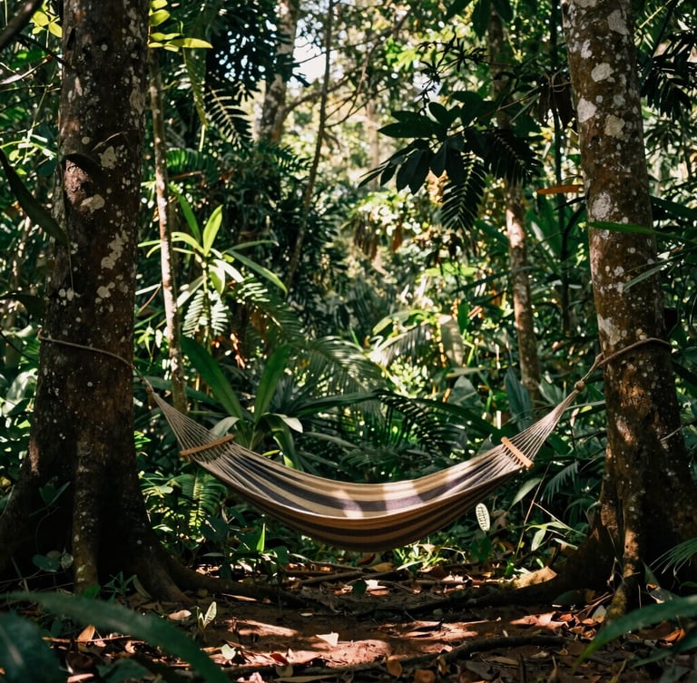 A cozy hammock strung between two massive trees in a lush Nicaraguan jungle, soft dappled sunlight filtering through leaves, serene atmosphere
