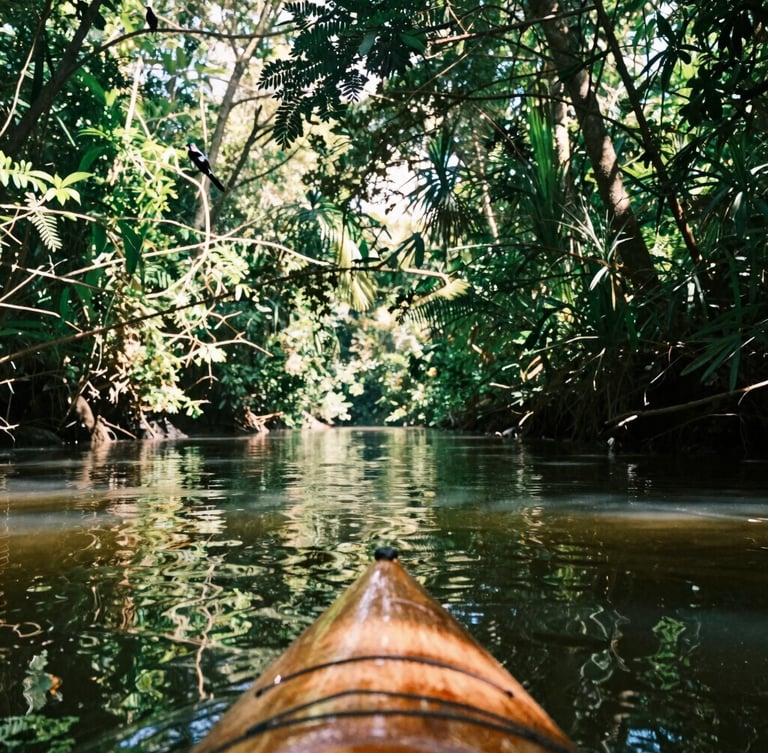 A wooden kayak gliding through the calm, narrow waters of Río Istián, green canopy reflecting on the water, exotic birds in the branches, warm 35mm photography.