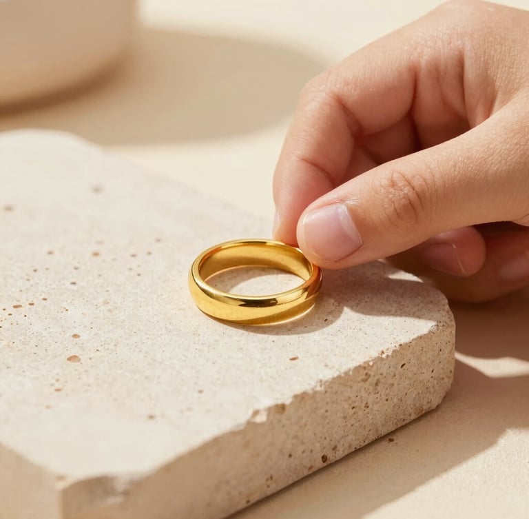Macro detail shot of a child's hand holding a solid gold ring, resting on a textured cream stone under warm natural sunlight, soft shadows, 35mm lens