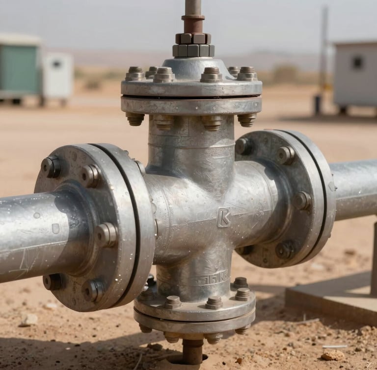 Stark close-up of a high-pressure steel natural gas pipeline manifold, industrial bolts, harsh midday desert sun casting sharp shadows.