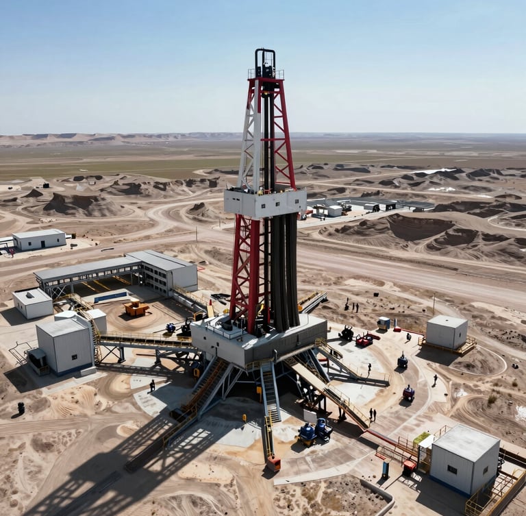 Wide-angle aerial view of a Permian Basin drilling site under harsh midday sun, massive steel structures, desert landscape, high contrast, industrial scale.