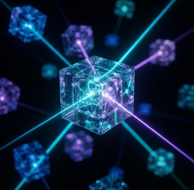 Extreme close-up macro shot of abstract 3D glass cubes representing isolated virtual environments, glowing deep cyan and violet light beams cutting through an obsidian-black background, sharp depth of field, 35mm