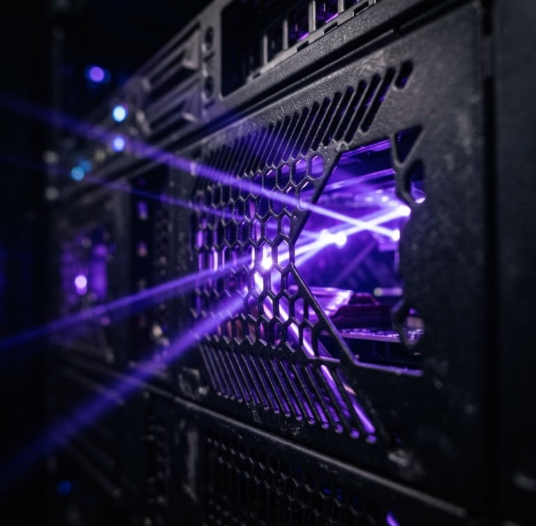 Extreme close-up of a dark obsidian server chassis, sharp electric purple light beams cutting through the chassis vents, 35mm cinematic photography, shallow depth of field
