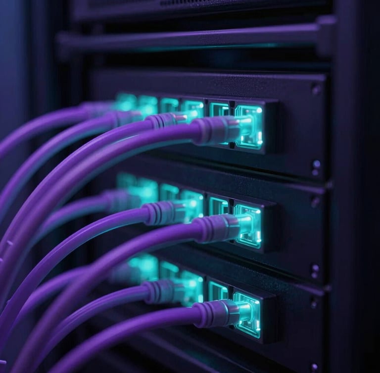 Extreme close-up macro shot of glowing server nodes and violet fiber optic cables in a dark obsidian-black rack, 35mm cinematic.