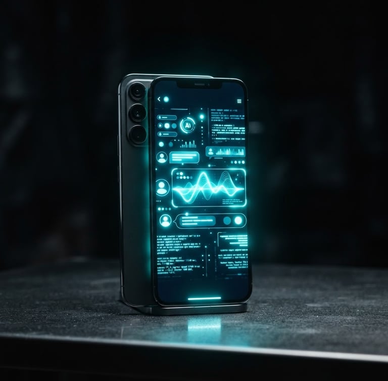 Modernes Smartphone mit aktivem KI-Chatbot-Interface, umgeben von einem subtilen türkisen Leuchten, auf dunklem Hintergrund, scharfer Fokus, 35mm Linse.