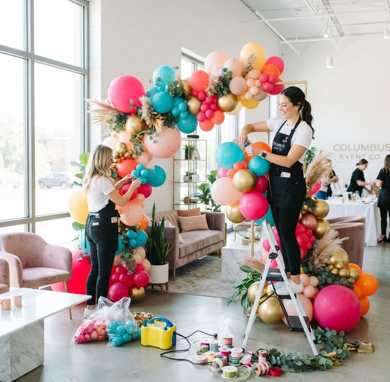 Bright high-key product photography of a professional balloon installation being prepared inside a modern Columbus showroom, vibrant saturated colors, crisp studio light, 35mm